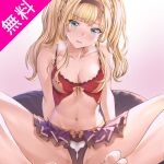  1girl aldehyde bangs bare_legs barefoot blonde_hair blue_eyes blush breasts cleavage granblue_fantasy hair_intakes hair_ornament hairband long_hair looking_at_viewer panties simple_background solo twintails underwear zeta_(granblue_fantasy) 