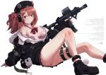  1girl ahoge black_footwear black_jacket blush bow bowtie breasts brown_eyes fur_trim girls_frontline gun h&amp;k_mp7 hat holding holding_gun holding_weapon jacket looking_at_viewer mishima_hiroji mp7_(girls_frontline) red_hair shirt side_ponytail sitting solo submachine_gun weapon white_background 