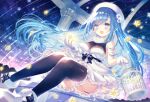  1girl black_legwear blue_eyes blue_hair blush cage dress emori_miku emori_miku_project eyebrows_visible_through_hair flower frilled_legwear fur-trimmed_footwear fur-trimmed_gloves fur_collar fur_trim garter_straps gloves hair_flower hair_ornament holding holding_cage long_hair meteor_shower open_mouth solo starry_background thighhighs virtual_youtuber wasabi_(sekai) white_dress white_flower white_footwear white_gloves white_headwear 