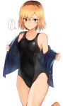  1girl bare_shoulders black_swimsuit blonde_hair blue_jacket breasts brown_eyes collarbone competition_swimsuit covered_navel cowboy_shot embarrassed groin jacket leg_up long_sleeves looking_at_viewer medium_breasts miyamori_aoi off_shoulder one-piece_swimsuit open_clothes open_jacket shirobako short_hair simple_background smile solo sweat swimsuit tahita1874 thighs thought_bubble translation_request undressing white_background 