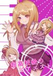  1girl :d ahoge akamatsu_kaede arms_at_sides bangs bare_shoulders blonde_hair bow breasts closed_eyes collared_shirt commentary_request contrapposto danganronpa_(series) danganronpa_10th_anniversary_costume danganronpa_v3:_killing_harmony dress flower hair_bun hair_flower hair_ornament hand_up highres large_breasts layered_dress long_hair long_sleeves looking_at_viewer miniskirt multiple_views musical_note musical_note_hair_ornament mutsuki_(yowa_otsumu) necktie off-shoulder_dress off_shoulder official_alternate_costume open_mouth pink_background pink_dress pleated_skirt purple_bow purple_eyes school_uniform shirt shoes skirt smile sweater_vest translation_request white_background white_shirt 