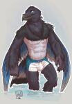  abs anthro avian bird black_body blue_body blue_eyes blue_feathers clothing corvid feathers hi_res lion21 looking_aside male neck_tuft oscine passerine simple_background slightly_muscular slim solo swimwear tail_feathers talons tight_clothing tuft wet wet_body wet_feathers white_body white_feathers wings 