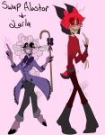  alastor_(hazbin_hotel) anthro black_hair bovid breasts caprine cervid claws clothed clothing demon duo eyewear fangs female fluffy fluffy_tail fur glasses hair hazbin_hotel hi_res humanoid male mammal multicolored_body multicolored_fur open_mouth open_smile plantigrade purple_body purple_hair red_eyes red_hair sheep sheep_demon_(hazbin_hotel) simple_background smile two_tone_body two_tone_fur white_background whiteartblood 