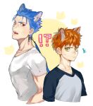  !? 2boys ^^^ animal_ears animal_print bangs black_shirt blue_hair blue_shirt bunny_print cat_ears collarbone cropped_torso cu_chulainn_(fate)_(all) earrings emiya_shirou extra_ears fangs fate/stay_night fate_(series) from_side frown grey_shirt highres jewelry kemonomimi_mode lancer long_hair long_sleeves looking_at_viewer male_focus multiple_boys muscular muscular_male open_mouth orange_hair ponytail raglan_sleeves red_eyes shirt short_hair spiked_hair suzumetarou sweat upper_body white_background yellow_background 