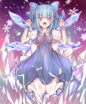  1girl :o absurdres adapted_costume antenna_hair back_bow bangs blue_bow blue_dress blue_eyes blue_footwear blue_hair blue_nails blunt_bangs blush bow breasts cirno claw_pose crystal diffraction_spikes dress eyebrows_visible_through_hair floating full_body gao glint hair_bow hands_up highres huge_filesize ice ice_wings looking_at_viewer mary_janes medium_hair nail_polish open_mouth pinafore_dress puffy_short_sleeves puffy_sleeves purple_background red_neckwear red_ribbon ribbon sera4 shoes short_sleeves simple_background small_breasts snowflakes solo thighhighs touhou white_bow white_legwear wings wrist_cuffs 
