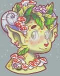  ambiguous_gender ambiguous_species anthro blush cuchufflay ear_piercing ear_ring eyebrows eyelashes flower fungus green_body green_eyes green_skin leaf mushroom piercing plant raised_eyebrows shell simple_background smile spots spotted_body spotted_skin surreal 
