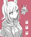  1girl animal_ears animal_print backpack bag bangs blunt_bangs bunny_ears bunny_print closed_mouth collared_shirt danganronpa_(series) danganronpa_2:_goodbye_despair dress_shirt ear_bow eyebrows_visible_through_hair haizai heart highres hood hood_down hooded_jacket jacket kemonomimi_mode layered_skirt light_frown long_sleeves looking_at_another nanami_chiaki neck_ribbon open_clothes open_jacket pink_background ribbon shirt simple_background size_difference skirt twitter_username upper_body usami_(danganronpa) wings 