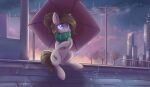  absurd_res ardail blue_eyes brown_hair cutie_mark equid equine fan_character female hair hasbro hi_res horse huge_filesize mammal mocha_latte my_little_pony on_roof outside pony ponytail power_lines raining roof scarf sitting solo umbrella unguligrade_legs 