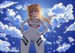  1girl ass_visible_through_thighs backlighting blonde_hair blue_eyes blue_sky bodysuit breasts closed_mouth cloud commentary_request covered_navel day evangelion:_3.0+1.0_thrice_upon_a_time from_below gibun_(sozoshu) gloves hair_ornament hands_on_hips highres long_hair looking_at_viewer looking_down medium_breasts neon_genesis_evangelion outdoors plugsuit rebuild_of_evangelion shikinami_asuka_langley skin_tight sky smile solo souryuu_asuka_langley standing white_bodysuit white_gloves 