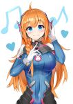  1girl absurdres ahoge bangs blue_eyes bodysuit braid breasts cosplay cowlick crossover d.va_(overwatch) d.va_(overwatch)_(cosplay) eyebrows_visible_through_hair gloves hand_on_headphones headphones highres korean_commentary long_hair medium_breasts orange_hair overwatch pecorine_(princess_connect!) pilot_suit pointing princess_connect! princess_connect!_re:dive smile solo tokuya white_background white_gloves 