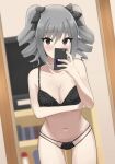  1girl arm_under_breasts bare_shoulders blush bow bra breasts cleavage collarbone covering_mouth cowboy_shot grey_hair hair_bow hair_ornament highres house idolmaster idolmaster_cinderella_girls indoors kanzaki_ranko lace-trimmed_bra lace_trim medium_breasts midriff mirror multi-strapped_panties navel pov ringlets selfie skindentation solo stomach taking_picture thighs twintails underwear wakame_miso 