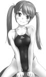  1girl breasts commentary_request competition_swimsuit cowboy_shot facing_viewer greyscale highres long_hair looking_at_viewer mizuno monochrome one-piece_swimsuit original sideways_glance simple_background small_breasts smile solo straddling swimsuit tk4 
