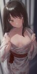  1girl areola_slip areolae bangs blurry blurry_background blush breasts brown_eyes brown_hair collarbone commentary_request depth_of_field eyebrows_visible_through_hair floral_print grey_kimono highres japanese_clothes jfjf kimono long_hair long_sleeves looking_at_viewer naked_kimono no_bra original parted_lips sash small_breasts solo wet wet_hair wide_sleeves yukata 