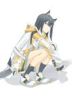  1girl absurdres animal_ear_fluff animal_ears arknights arm_on_knee bare_legs black_hair black_legwear blue_eyes full_body glaring hand_on_own_arm highres hood hood_down hooded_jacket jacket long_hair looking_at_viewer multicolored multicolored_eyes orange_eyes senkane shadow simple_background socks solo squatting strap tail texas_(arknights) white_background wolf_ears wolf_girl wolf_tail 