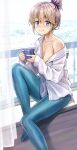  1girl bangs blonde_hair blue_eyes blue_legwear blue_nails blush breasts cleavage closed_mouth coffee_mug collarbone cup curtains day dress_shirt eyebrows_visible_through_hair hair_bun hair_tie highres holding holding_cup knee_up kotatsu_(kotatsu358) long_sleeves looking_at_viewer medium_breasts mole mole_under_eye mug nail_polish no_bra off_shoulder original pantyhose railing seamed_legwear shirt short_hair side-seamed_legwear single_bare_shoulder sitting smile solo steam white_shirt 