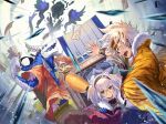 1boy 1girl 1other animal_ears black_hairband blue_eyes cape carrying clenched_hand earrings fur_cape fur_trim glasses hairband headband highres holding holding_money horns jewelry lantern money paper_lantern phima pixiv_fantasia pixiv_fantasia_mountain_of_heaven princess_carry tagme white_hair wristband 