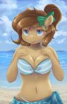  2017 absurd_res accessory anthro ardail beach bikini blue_eyes bow breasts brown_hair cleavage clothed clothing equid equine fan_character female hair hair_accessory hair_bow hair_ribbon hasbro hi_res horse mammal mocha_latte my_little_pony navel pony ponytail ribbons sand sea seaside solo summer swimwear water 