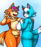  2020 4_fingers animal_crossing anthro areola audie_(animal_crossing) big_breasts black_eyes black_nose blonde_hair blue_body blue_eyes blue_fur bottomless breast_squish breasts breasts_frottage butt canid canine canis chest_tuft clothed clothing duo eyelashes eyewear eyewear_on_head facial_tuft female female/female fingers fur genitals gesture hair hand_on_breast hand_on_chest hand_on_shoulder hi_res humanoid_genitalia humanoid_pussy kyouman looking_at_viewer mammal multicolored_body multicolored_fur navel nintendo nipples nude one_eye_closed open_mouth open_smile orange_body orange_fur pawpads pink_nipples pussy sky skye_(animal_crossing) smile squish standing sunglasses sunglasses_on_head tongue topless tuft v_sign video_games white_body white_fur white_hair wink winking_at_viewer wolf yellow_body yellow_fur 