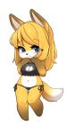  4_toes 5_fingers anthro blonde_hair blue_eyes blush breasts brown_pawpads canid canine cleavage cleavage_cutout clothed clothing ear_tuft eyelashes_visible_through_hair feet fingers fox fur gloves_(marking) hair hi_res jupiter_europe leg_markings long_hair looking_at_viewer mammal markings medium_breasts multicolored_body multicolored_fur pawpads smile socks_(marking) solo standing toes tuft two_tone_body two_tone_fur white_body white_fur yellow_body yellow_fur 