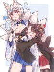  2girls :d ^_^ ^o^ absurdres akagi-chan_(azur_lane) animal_ears azur_lane bangs bell black_hair black_legwear blue_eyes blue_skirt bow bracelet breasts cleavage closed_eyes commentary_request eyebrows_visible_through_hair eyeshadow fox_ears fox_girl fox_tail hair_bow hair_ornament hair_ribbon hairpin highres himeno_candy hug hug_from_behind huge_filesize japanese_clothes jewelry kaga_(azur_lane) kyuubi makeup multiple_girls multiple_tails open_mouth pleated_skirt red_skirt ribbon short_hair sidelocks simple_background skirt smile tail thighhighs translation_request two-tone_background white_hair wide_sleeves zettai_ryouiki 