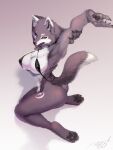  2021 5_fingers anthro big_breasts black_nose breasts butt canid canine canis clothed clothing fangs feet female fingers fur grey_body grey_fur hi_res kneeling looking_at_viewer mammal multicolored_body multicolored_fur nipple_outline nogi one-piece_swimsuit red_eyes signature simple_background skimpy soles solo swimwear teeth two_tone_body two_tone_fur white_body white_fur wolf 
