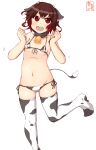  1girl absurdres alternate_costume animal_ears animal_print artist_logo ass_visible_through_thighs belly bikini brown_hair clenched_hands commentary_request cow_ears cow_horns cow_print cow_tail cowboy_shot dated fake_animal_ears fake_horns front-tie_top gradient_hair groin highres horns kanon_(kurogane_knights) kantai_collection looking_at_viewer lowleg lowleg_bikini micro_bikini multicolored_hair mutsuki_(kancolle) navel one-hour_drawing_challenge open_mouth red_eyes red_hair round_teeth short_hair side-tie_bikini simple_background solo swimsuit tail teeth thighhighs upper_teeth white_background white_bikini white_legwear 