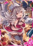  1girl :d akkijin bell box breasts christmas claws dragon_girl dragon_horns dragon_tail fallen_angel_(shinkai_no_valkyrie) flying gift gift_box horns large_breasts official_art open_mouth orange_eyes sack santa_costume shinkai_no_valkyrie silver_hair skirt smile snowflakes tail 