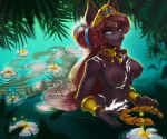  anthro areola big_breasts breasts brown_body brown_fur canid canine fur hair long_hair mammal nipples nude partially_submerged silver_eyes water yurai 