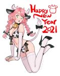  1girl 2021 animal_ears animal_print bell bikini black_bow bow braid breasts bridal_gauntlets cleavage cow_ears cow_horns cow_print cow_tail cowbell elbow_gloves gloves green_eyes hair_bow happy_new_year horns long_hair medium_breasts navel neck_bell new_year original pink_hair print_bikini purin_(iddunpg) simple_background solo swimsuit tail thighhighs twin_braids white_background white_legwear 