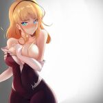  1girl artist_request blonde_hair blue_eyes breasts eyebrows_visible_through_hair gwen_stacy highres large_breasts looking_at_viewer marvel piercing simple_background spider-gwen spider-man_(series) undressing 