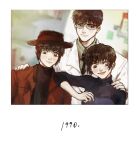  1990 1990s_(style) 1girl 2boys black_eyes black_hair blurry blurry_background brother_and_sister closed_mouth coat glasses hand_on_shoulder hat jacket multiple_boys parted_lips photo_(object) red_jacket retro_artstyle sakurazuka_seishirou short_hair siblings smile sumeragi_subaru suziii_(alice51225) tokyo_babylon twins very_short_hair white_coat 