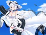  1girl aircraft airplane azur_lane bare_shoulders biplane blue_eyes blue_sky breasts cleavage detached_collar dress elbow_gloves eyebrows_visible_through_hair flight_deck flying garter_straps gloves hair_ornament hat highres illustrious_(azur_lane) irato_at lace-trimmed_dress lace-trimmed_headwear lace_trim large_breasts long_dress long_hair looking_at_viewer mole mole_under_eye sapphire_(gemstone) see-through_dress skirt_hold sky sleeveless sleeveless_dress solo strapless strapless_dress sun_hat thighhighs tri_tails white_dress white_gloves white_hair white_headwear white_legwear 