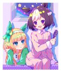  2girls :d :o absurdres animal_ears blue_eyes blush braid brown_hair collared_shirt commentary_request dress_shirt ear_ribbon eye_contact green_jacket hair_brush hairband highres holding holding_brush horse_ears jacket long_hair long_sleeves looking_at_another multicolored_hair multiple_girls open_mouth orange_hair pajamas pants parted_lips pink_pajamas pink_pants pink_shirt purple_eyes purple_ribbon ribbon shao_(shaorouhong) shirt short_hair silence_suzuka_(umamusume) sitting sleeves_past_wrists smile special_week_(umamusume) star_(symbol) striped striped_shirt two-tone_hair umamusume vertical-striped_pants vertical-striped_shirt vertical_stripes white_hair white_hairband 