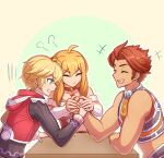 1girl 2boys :d arm_wrestling bare_arms blonde_hair clenched_teeth closed_eyes detached_sleeves english_commentary enni fiora_(xenoblade) frown long_hair long_sleeves multiple_boys muscular muscular_male open_mouth red_hair reyn_(xenoblade) shulk_(xenoblade) sleeveless smile teeth xenoblade_chronicles xenoblade_chronicles_(series) 