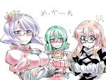  3girls bespectacled blush breasts brown_hair closed_mouth dress glasses green_hair hijiri_byakuren kazami_yuuka large_breasts long_hair looking_at_viewer multiple_girls open_mouth plaid purple_hair red_eyes short_hair simple_background touhou tukiwani vest white_background yasaka_kanako yellow_eyes 