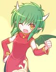  1girl ;d bangs china_dress chinese_clothes detached_sleeves draco_centauros dragon_girl dragon_horns dragon_tail dragon_wings dress eyebrows_visible_through_hair fang green_hair green_wings hand_on_hip hand_up horns long_sleeves madou_monogatari medium_hair one_eye_closed open_mouth pointy_ears puyopuyo red_dress smile solo suta_(clusta) tail white_horns wings yellow_eyes 