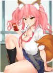  1girl absurdres alternate_costume animal_ear_fluff animal_ears black_legwear breasts cardigan cardigan_around_waist castell cleavage clothes_around_waist collarbone eyebrows_visible_through_hair fate/extella fate/extra fate/grand_order fate_(series) food food_in_mouth fox_ears fox_girl fox_tail highres jacket jacket_around_waist large_breasts looking_at_viewer open_clothes open_shirt pink_hair pocky school_uniform smile solo sweater sweater_around_waist tail tamamo_(fate)_(all) tamamo_jk_(fate) tamamo_no_mae_(fate) unbuttoned yellow_eyes 