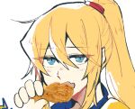  1girl bangs blonde_hair blue_jacket chicken_(food) chicken_leg collar collared_jacket cropped eating eri_(erikiri) food golden_guardians hair_tie holding holding_food jacket long_hair meme metroid multicolored multicolored_clothes multicolored_jacket open_mouth ponytail red_headwear samus_aran sidelocks simple_background white_background yellow_jacket 