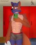  2021 abs absurd_res anthro biped boxer_briefs boxers_(clothing) bulge canid canine canis cellphone clothed clothing digital_media_(artwork) erection gym hi_res locker_room lubanart male mammal phone selfie smile solo topless underwear wolf 