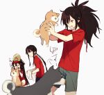  1girl 2boys bangs black_hair black_headwear breasts brother_and_sister closed_eyes dog family_crest fate/grand_order fate_(series) fiery_hair hair_over_one_eye hat kodamari koha-ace long_hair multiple_boys multiple_persona oda_kippoushi_(fate) oda_nobukatsu_(fate) oda_nobunaga_(fate) oda_nobunaga_(fate)_(all) oda_uri open_mouth peaked_cap ponytail red_eyes red_shirt shiba_inu shirt short_sleeves shorts siblings sidelocks small_breasts smile very_long_hair 