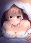  1girl absurdres atlanta_(kancolle) blanket breasts brown_hair collarbone dress_shirt grey_eyes highres kantai_collection large_breasts long_hair long_sleeves off_shoulder ruin_re_birth shirt solo two_side_up under_covers white_shirt 