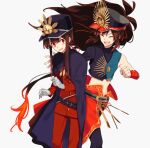  2boys bangs belt black_cape black_hair black_headwear black_pants buttons cape closed_eyes crop_top family_crest fate/grand_order fate_(series) fiery_hair gloves hair_over_one_eye hat jacket jewelry kodamari koha-ace long_hair long_sleeves looking_to_the_side midriff multiple_boys necklace oda_kippoushi_(fate) oda_nobukatsu_(fate) oda_nobunaga_(fate)_(all) oda_uri open_mouth pants peaked_cap ponytail red_cape red_eyes red_jacket red_pants sidelocks single_sleeve smile very_long_hair waist_cape 