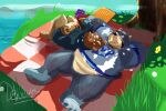  2021 animal_crossing anthro belly black_nose brown_body brown_fur clothing curt_(animal_crossing) debudraws detailed_background duo fur lying male mammal nintendo overweight overweight_male plant plantigrade shirt topwear tree ursid video_games 