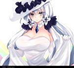  1girl azur_lane blue_eyes breasts cleavage detached_collar dress elbow_gloves gloves hair_ornament hat illustrious_(azur_lane) large_breasts long_hair looking_at_viewer putimaxi sapphire_(gemstone) skirt_hold sleeveless sleeveless_dress solo strapless strapless_dress sun_hat very_long_hair white_gloves white_hair white_headwear 