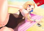  1girl azur_lane beach blonde_hair blue_eyes blue_flower breasts brown_swimsuit casual_one-piece_swimsuit center_opening cross-section flower hair_flower hair_ornament highres hood_(azur_lane) hood_(sunlit_lady)_(azur_lane) kami_no_kaze_zero large_breasts long_hair lotion lying multicolored multicolored_clothes multicolored_swimsuit nipples official_alternate_costume on_side one-piece_swimsuit overflow single_hair_intake sunscreen swimsuit vaginal x-ray 