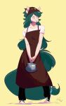  2018 anthro apron clothing equid female footwear green_hair hair hi_res holding_object mammal plantigrade shoes simple_background smile sneakers solo trololohstuffs yellow_background 