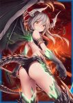  1girl akkijin ass back black_feathers claws dragon_girl dragon_horns dragon_tail dragon_wings eruption fallen_angel fallen_angel_(shinkai_no_valkyrie) feathers grey_hair holding holding_spear holding_weapon horns official_art orange_eyes polearm shinkai_no_valkyrie short_hair spear tail underwear volcano weapon wings 