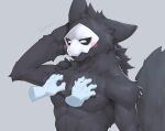  2021 5_fingers abs anthro black_body black_fur black_sclera blush canid canine canis captainjohkid changed_(video_game) chest_tuft disembodied_hand eyes_closed fingers fur grey_background hi_res male mammal mask muscular muscular_anthro muscular_male pecs petting puro_(changed) simple_background touching_chest tuft white_eyes wolf 