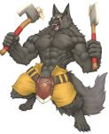  2020 abs absurd_res anthro axe biceps black_body black_fur bottomwear canid canine canis captainjohkid clothing fur hi_res holding_object male mammal melee_weapon muscular muscular_anthro muscular_male pecs scar simple_background solo weapon wolf 
