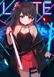  1girl bangs bar_censor bare_shoulders beat_saber black_camisole black_hair black_jacket bunny_hair_ornament camisole censored closed_mouth collar collarbone colored_inner_hair cowboy_shot hair_ornament halter_top halterneck heart_collar highres indie_virtual_youtuber jacket koucha_latte long_hair looking_at_viewer miniskirt multicolored_hair off_shoulder one_side_up pleated_skirt red_eyes red_hair red_skirt san_ke_yue_shi skirt smile solo spaghetti_strap swept_bangs thigh_strap virtual_youtuber 
